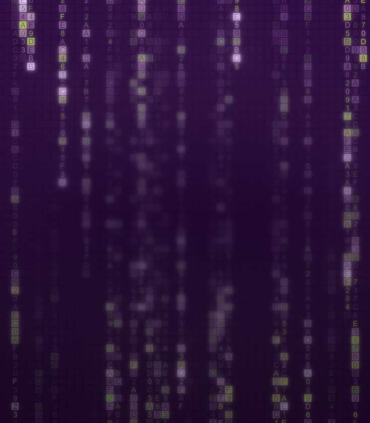 Glowing green and white letters and numbers cascade down a dark purple background, evoking a digital, data-themed atmosphere.